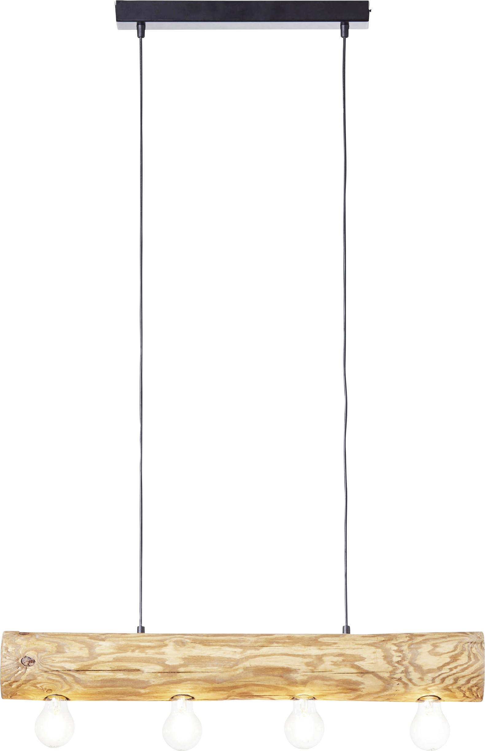 Lampa wisząca z prostokątną drewnianą belką i czterema zwisającymi żarówkami, minimalistyczny design. Idealna do nowoczesnych wnętrz.