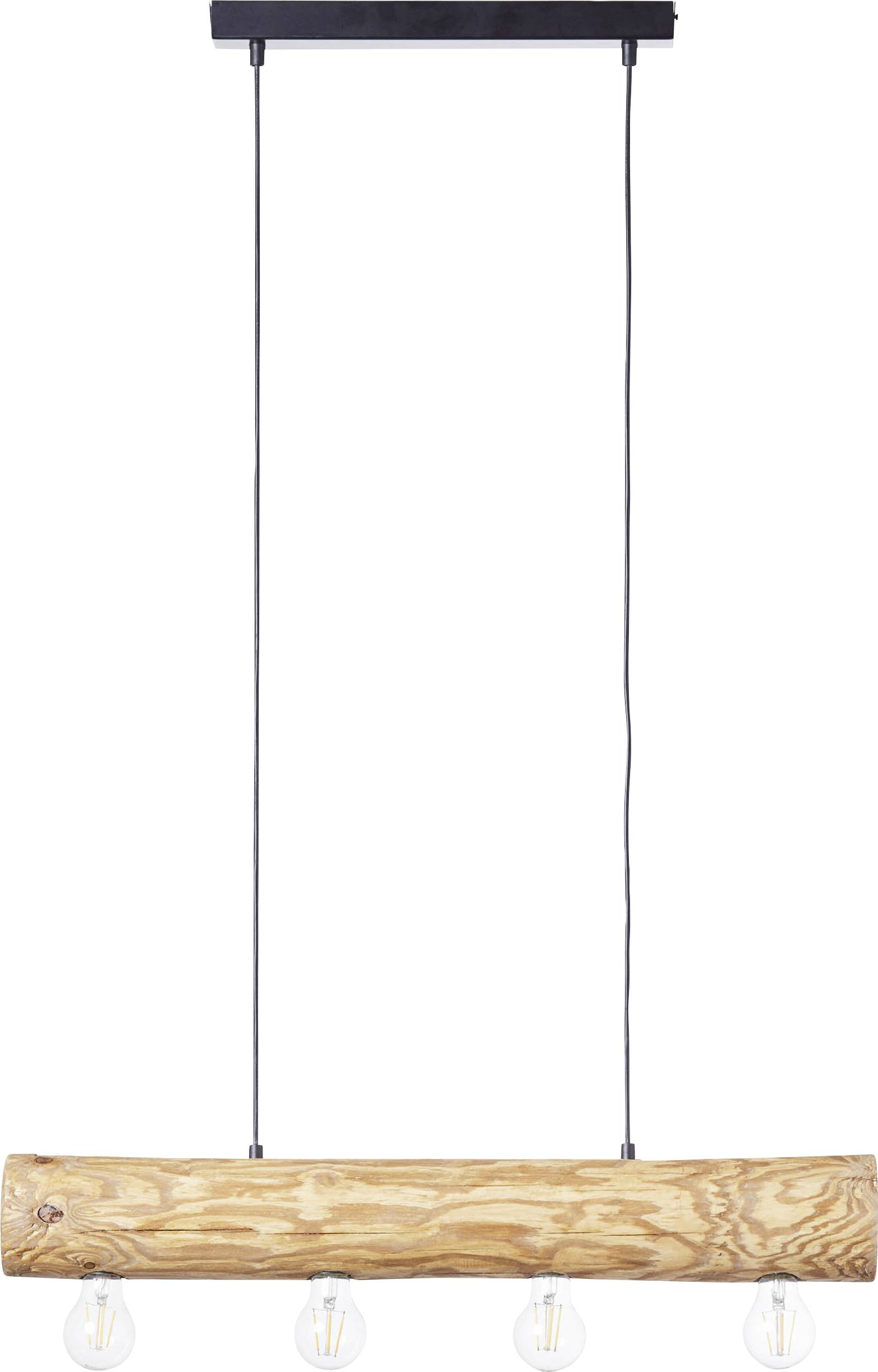 Lampa wisząca z prostokątnym drewnianym blokiem i czterema widocznymi żarówkami, które zwisają na czarnych przewodach z prostokątnego mocowania.