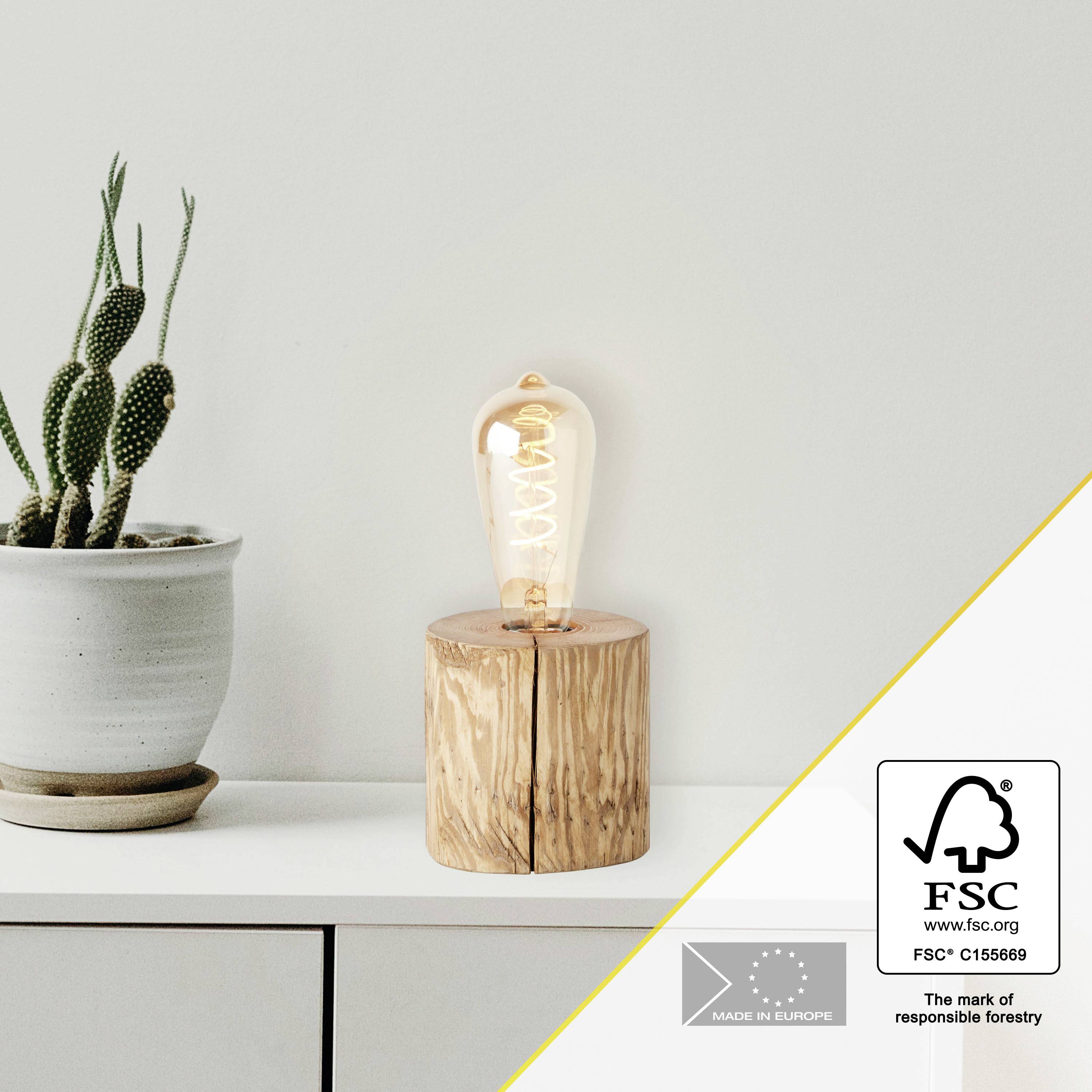 Żarówka na drewnianej podstawie stoi obok kaktusa w doniczce na stole. W dolnym prawym rogu znajdują się logo FSC oraz znak 'Made in Europe'.