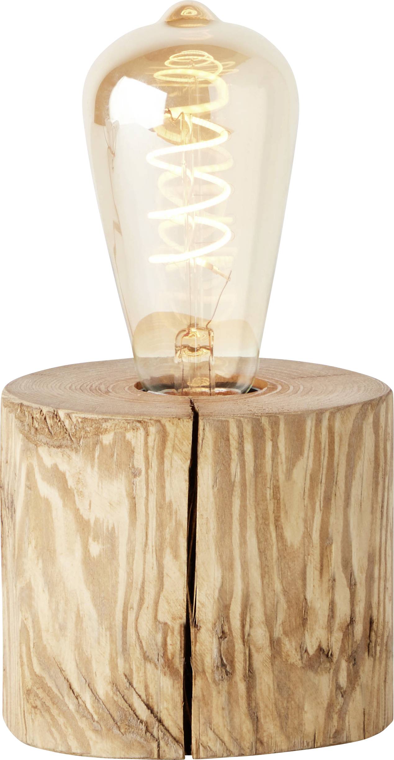 Żarówka Edisona z widoczną spiralną żarówką, zamontowana na rustykalnym drewnianym postumencie.