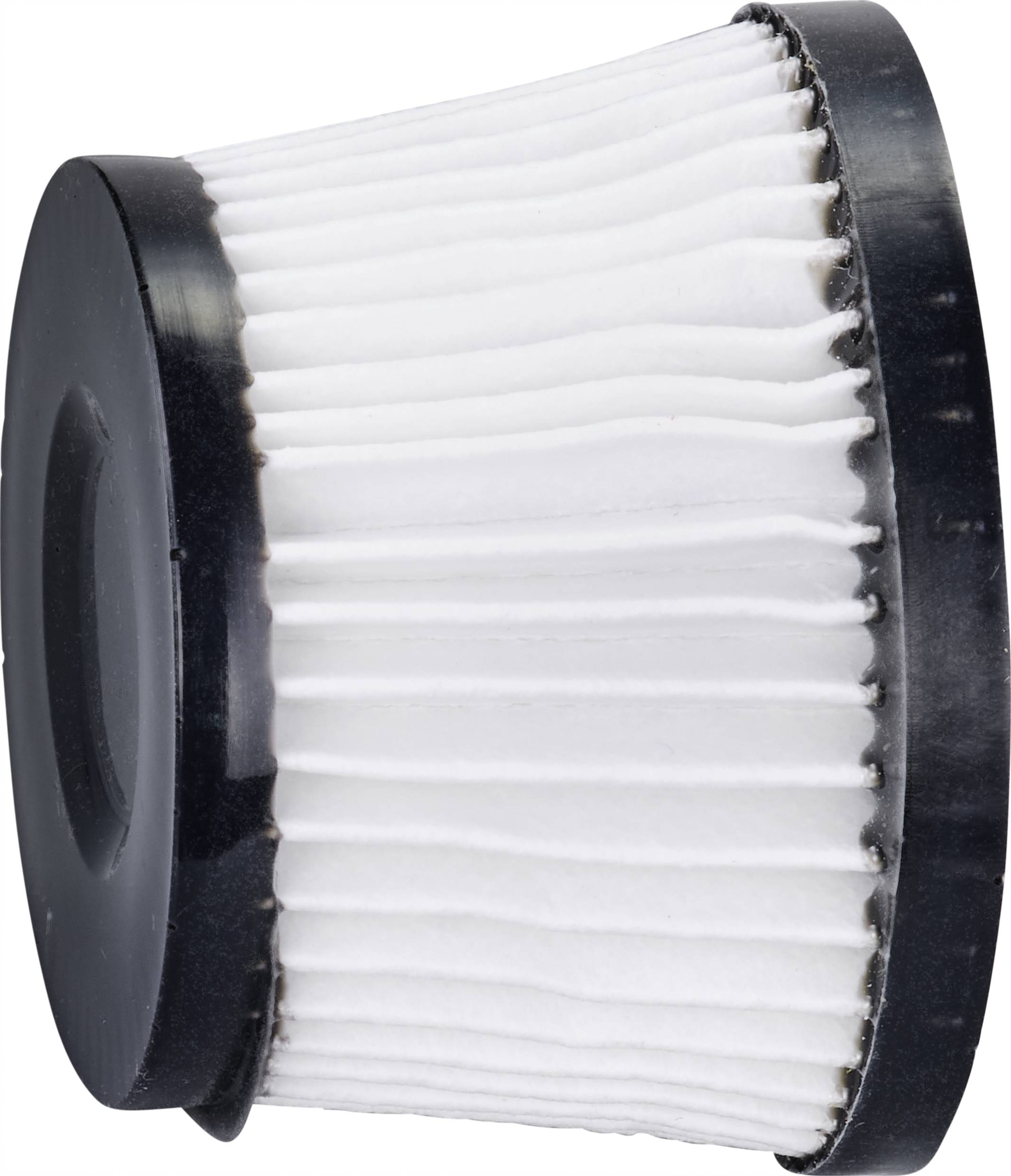 Biały, cylindryczny filtr powietrza z czarnymi krawędziami. Filtr posiada falistą strukturę papierową i jest używany do oczyszczania powietrza.