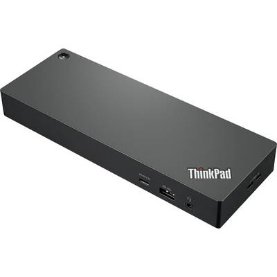 Czarna stacja dokująca ThinkPad z wieloma opcjami podłączenia, w tym USB-C, USB-A i HDMI. Idealna dla laptopów.