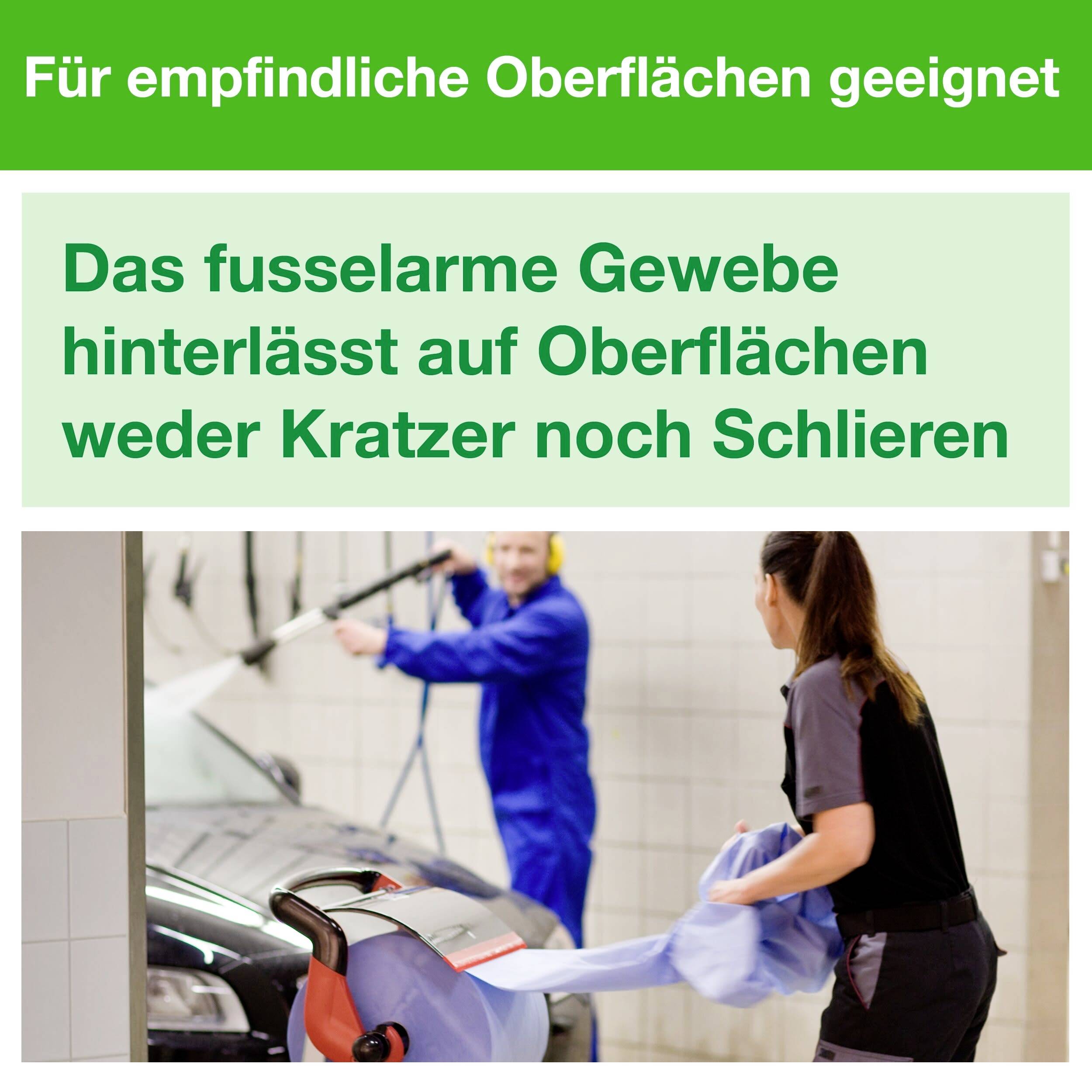 Dwie osoby polerują samochód szmatką. Nagłówek: 'Odpowiednie do delikatnych powierzchni'. Tekst: 'Włókno wolne od kłaczków nie pozostawia na powierzchniach ani zadrapań, ani smug'.