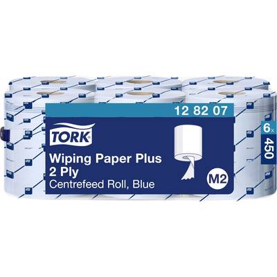 Kilka rolek niebieskiego papieru do czyszczenia z nadrukiem 'Tork Wiping Paper Plus, 2-warstwowy, rolka do centrycznego podawania, niebieski, M2'.