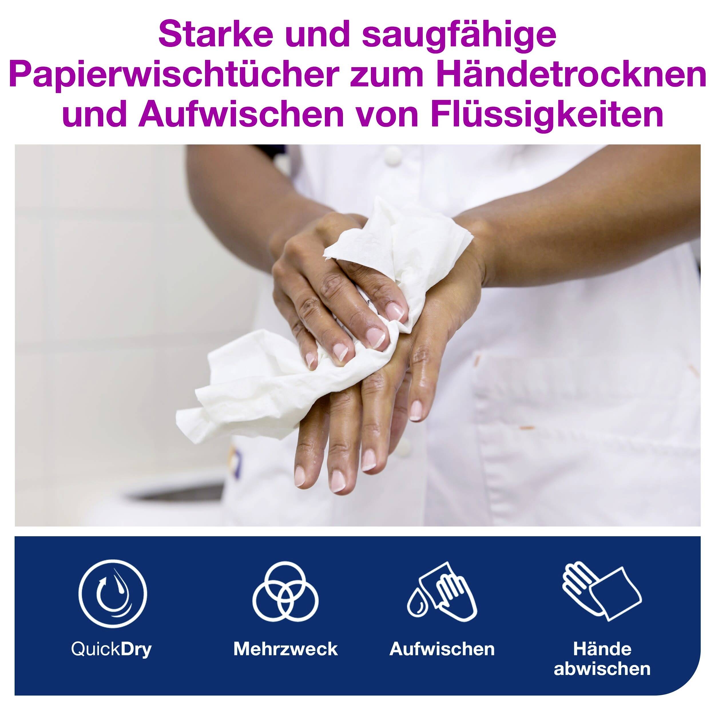 Osoba osusza ręce chłonnym ręcznikiem papierowym. Tekst u góry: »Mocne i chłonne ręczniki papierowe«.