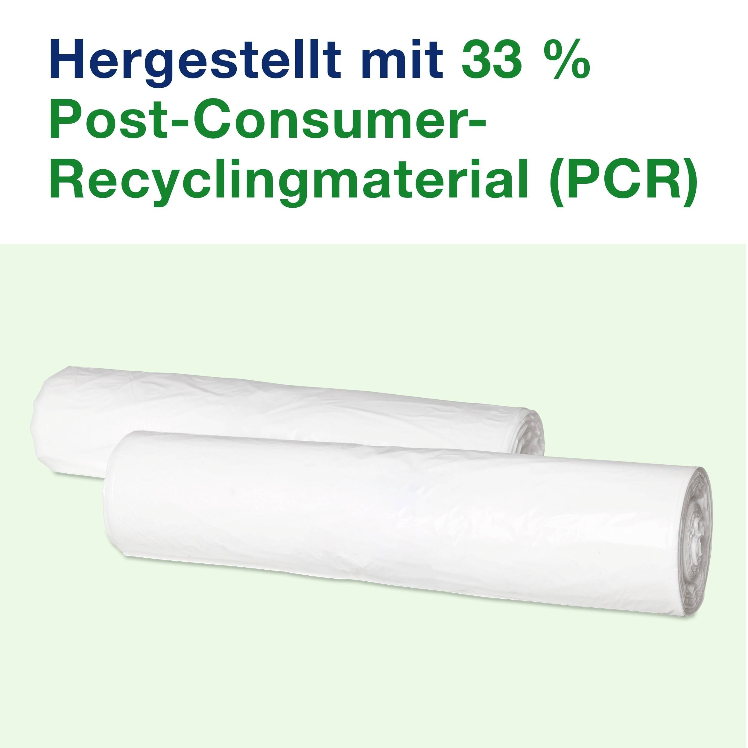 Dwie białe plastikowe rolki z napisem „Wyprodukowane z 33% materiału z recyklingu konsumenckiego (PCR)" obok siebie.