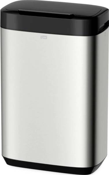 Prostokątny, srebrny kosz na śmieci z czarną pokrywą na białym tle.