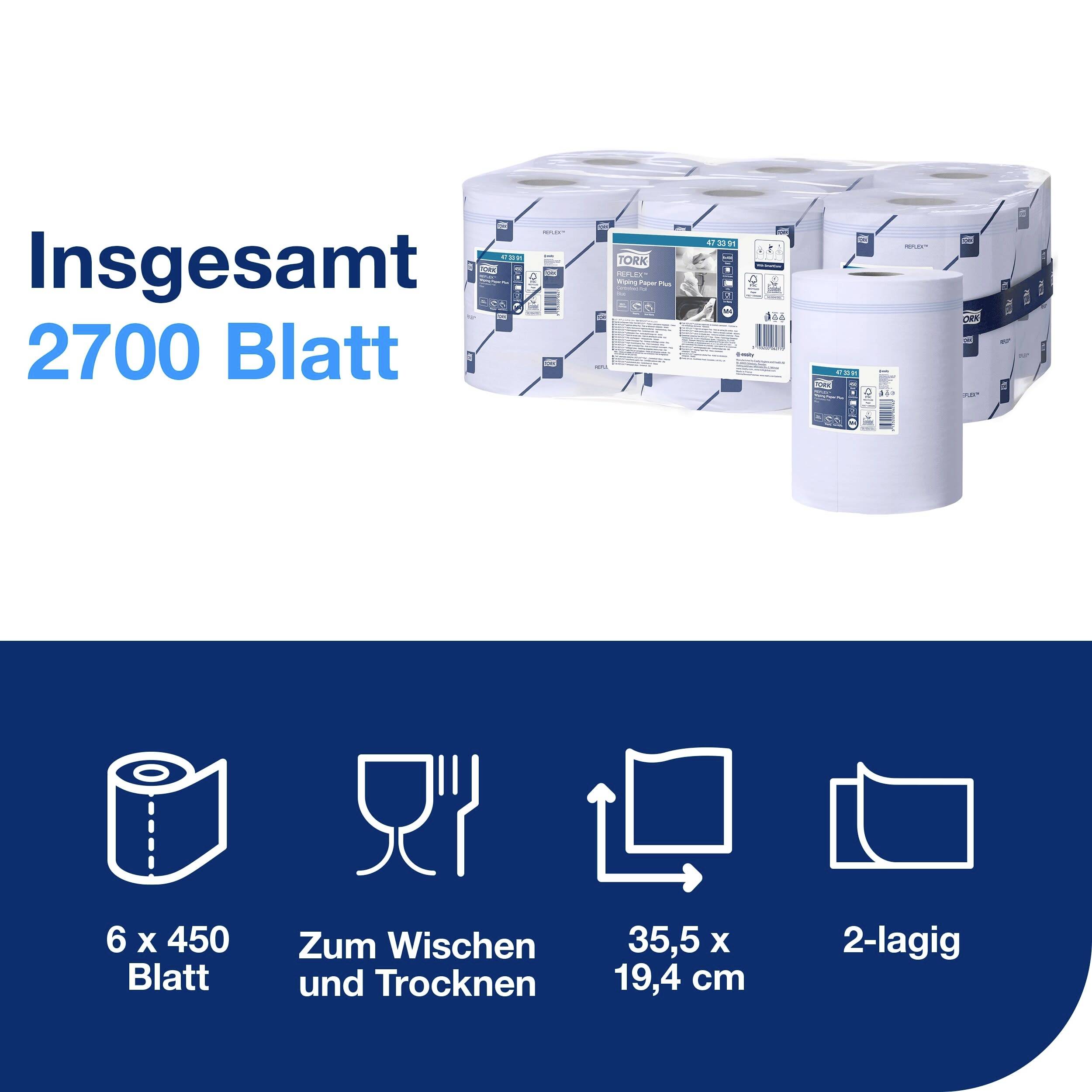 Sześć rolek papieru, każda po 450 arkuszy, w sumie 2700 arkuszy. Odpowiednie do wycierania i osuszania, wymiary: 35,5 x 19,4 cm, 2-warstwowe.