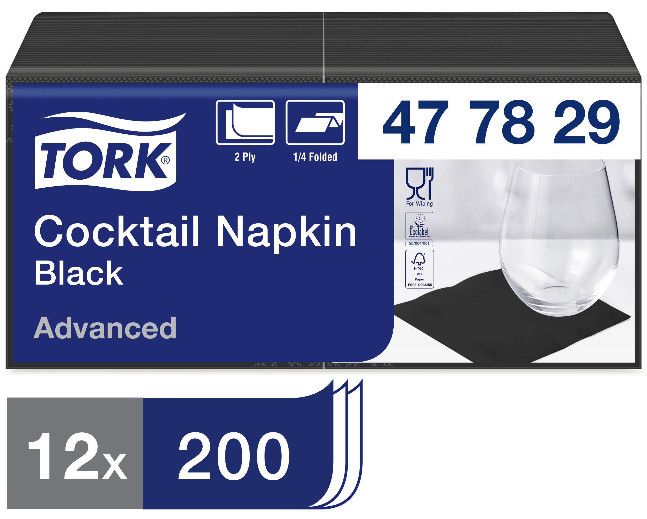 'Serwetki koktajlowe czarne, 12 opakowań, 200 serwetek w opakowaniu'. Opakowanie z ilustracją szkła prezentuje serwetki 2-warstwowe, składane w ćwiartkę.