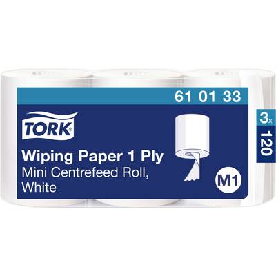 Opakowanie papieru Tork do czyszczenia, 1-warstwowe, mini rolka centralna, białe. Numer artykułu 610133. Opakowanie zawiera 3 rolki, każda po 120 listków.