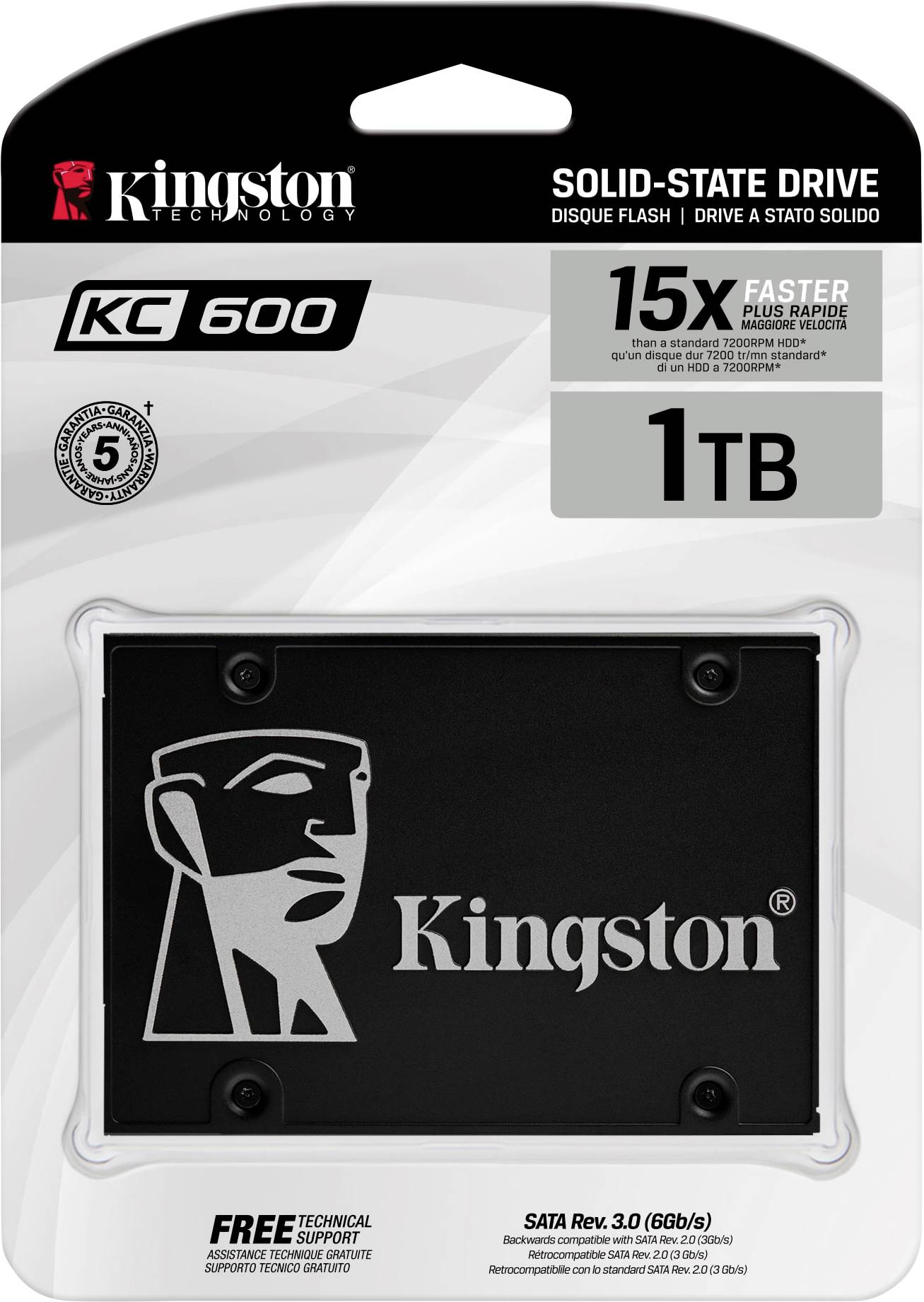 Opakowanie dysku SSD Kingston KC600. Pojemność: 1TB. Informacje: '15 razy szybszy', 'SATA Rev. 3.0'.