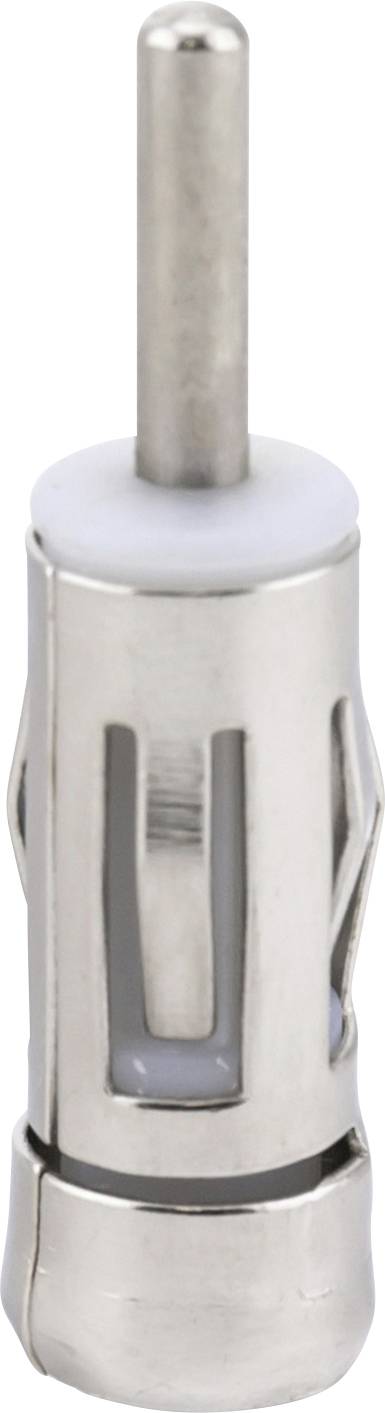 Srebrny metalowy sworzeń z cylindrycznym uchwytem i pionowymi nacięciami, prawdopodobnie element łączący meble.