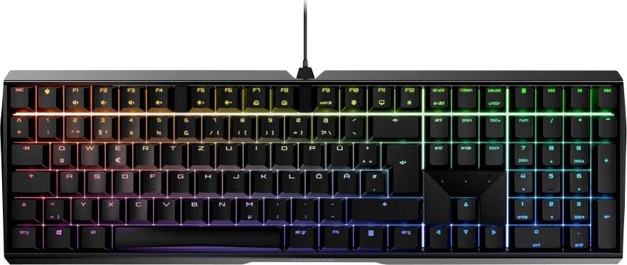 Klawiatura do gier z kolorowymi światłami RGB, podświetlona w kolorach tęczy, na czarnym tle.