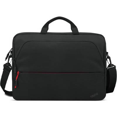 Czarna torba na laptopa z paskiem na ramię i uchwytem, czerwony zamek błyskawiczny z przodu, prosty design.
