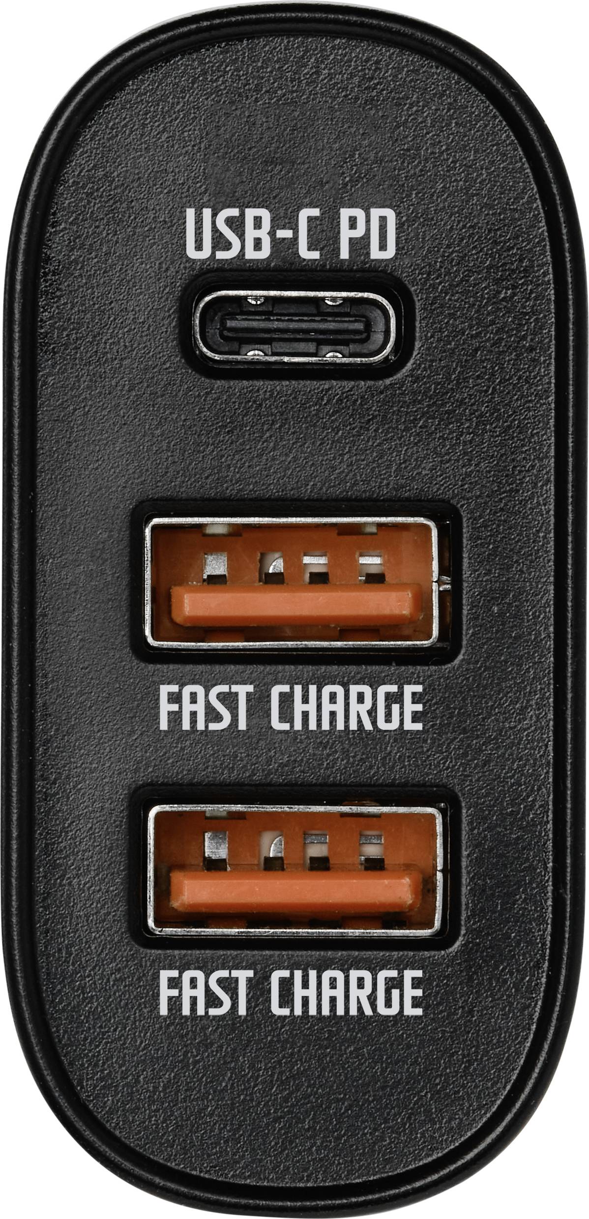 Czarne samochodowe ładowarki USB z portem USB-C PD na górze oraz dwoma portami USB-A z oznaczeniem 'Szybkie ładowanie' na dole.