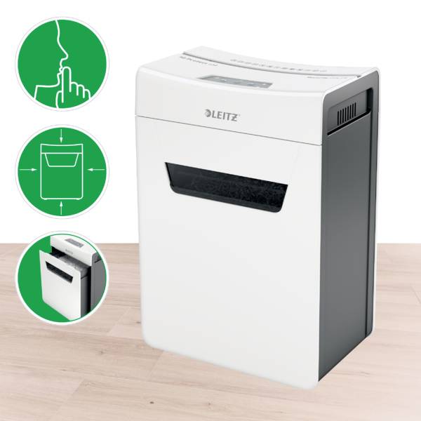Biały niszczarka dokumentów na drewnianej podłodze, wyposażona w ikony sterowania dotykowego oraz pojemnik na papier.