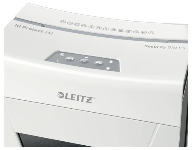 Niszczarka dokumentów 'Leitz' z klawiaturą i napisem 'Security DIN P5', przeznaczona do bezpiecznego niszczenia dokumentów.
