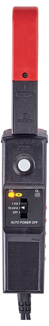 Cyfrowy tester napięcia z wyświetlaczem, czarną obudową, czerwonym uchwytem szczękowym i diodami sygnalizacyjnymi wskazującymi wartości pomiarowe.