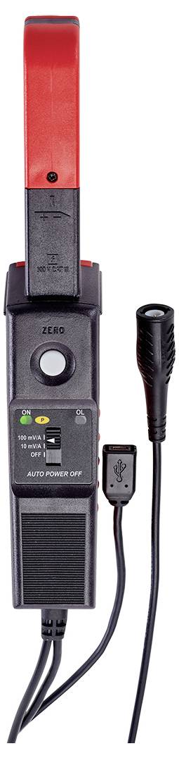 Cyfrowy miernik cęgowy z czerwonymi cęgami i czarnymi przewodami wyświetla jednostkę pomiarową i posiada przycisk resetowania na przedniej stronie.