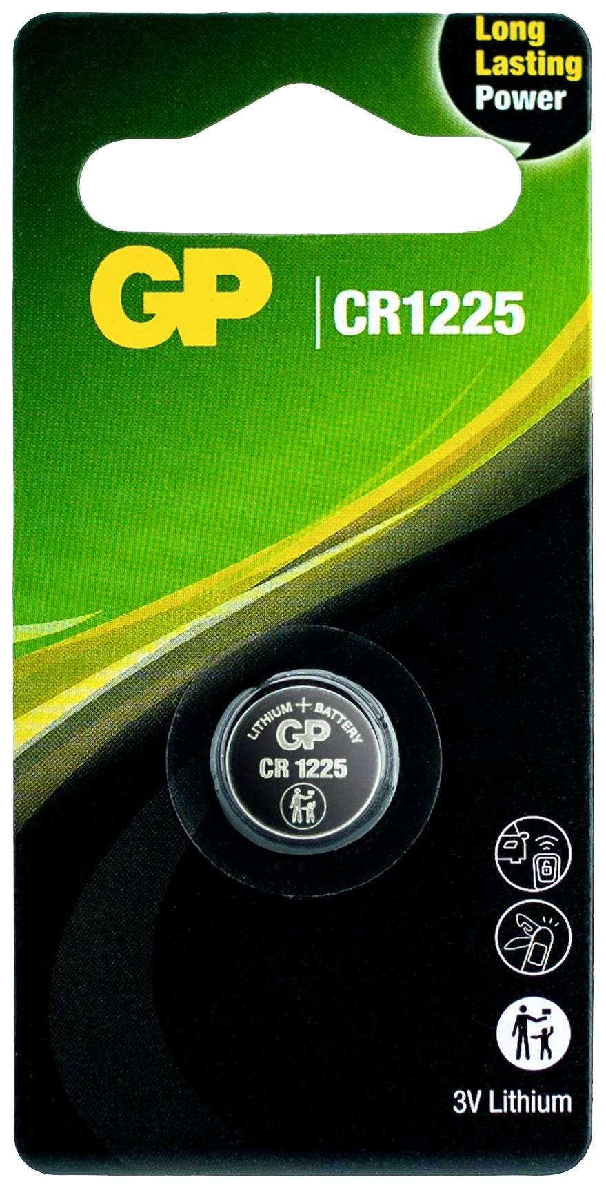 GP CR1225 3V Literowy przycisk litowy, opakowanie z napisem "Long Lasting Power".