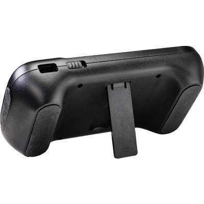 Czarny osprzęt kontrolera do gier z wbudowaną podstawką. Widok z tyłu prezentuje ergonomiczny design i powierzchnie uchwytu.