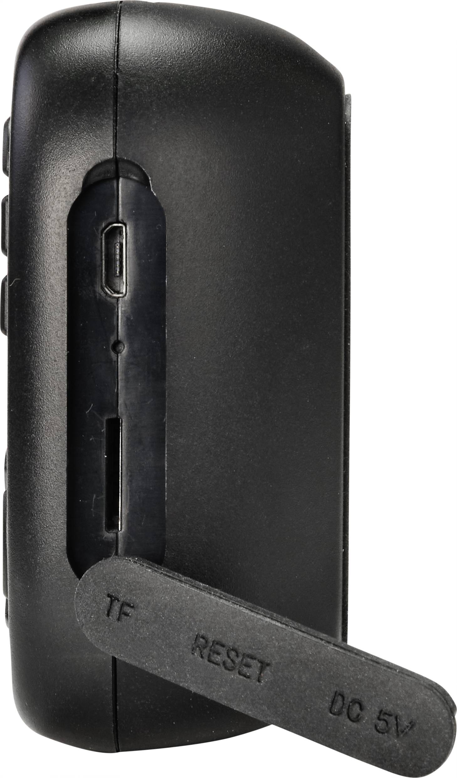 Czarny elektroniczny sprzęt widziany z boku, ukazujący złącza: micro-USB, gniazdo karty TF oraz reset. Klapka opisana napisem 'TF RESET DC 5V'.
