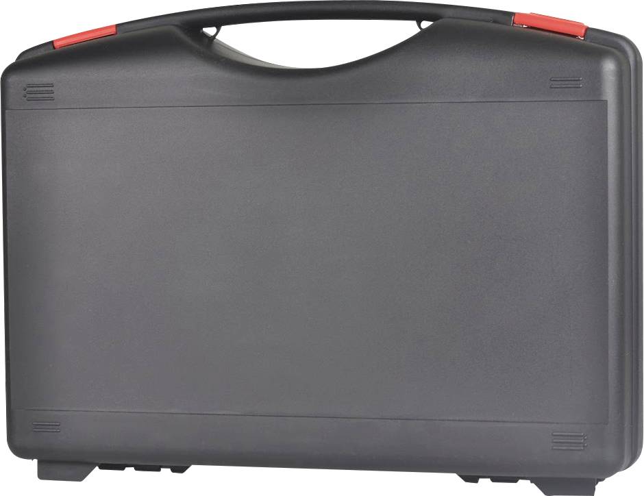 Czarny kufer narzędziowy z czerwonym zamknięciem, zamknięty.