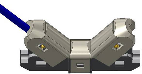 Techniczny rysunek metalowego złącza kątowego z podłączeniem kabla. Główne elementy są rozmieszczone symetrycznie.