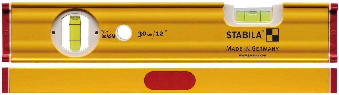 Poziomnica wykonana z żółtego metalu z czerwonym gumowym uchwytem i dwoma poziomnicami, długa na 30 cm, marka 'Stabila', wyprodukowana w Niemczech.