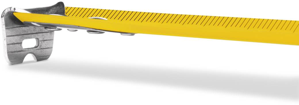 Żółta miarka z metalowymi haczykami, z oznaczeniami milimetrów, leży płasko na powierzchni.