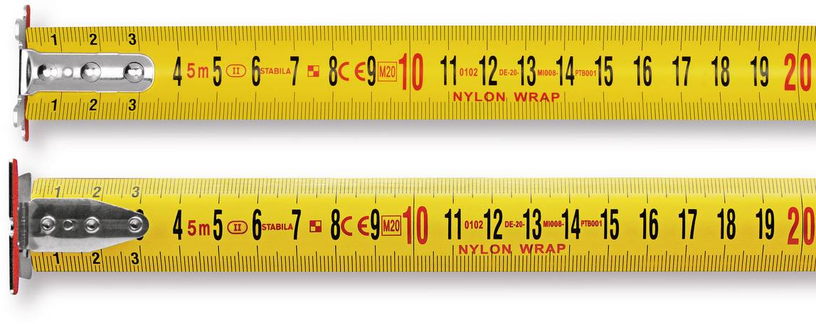 Dwa żółte miernicze, każdy z podziałką w centymetrach i milimetrach. Górna taśma wskazuje długości do 20 cm, dolna do 19 cm.