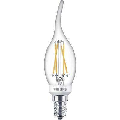 Żarówka LED w kształcie świecy firmy Philips z przezroczystą szklaną osłoną. Posiada gwint E14 i widoczne wewnętrzne filamenty.