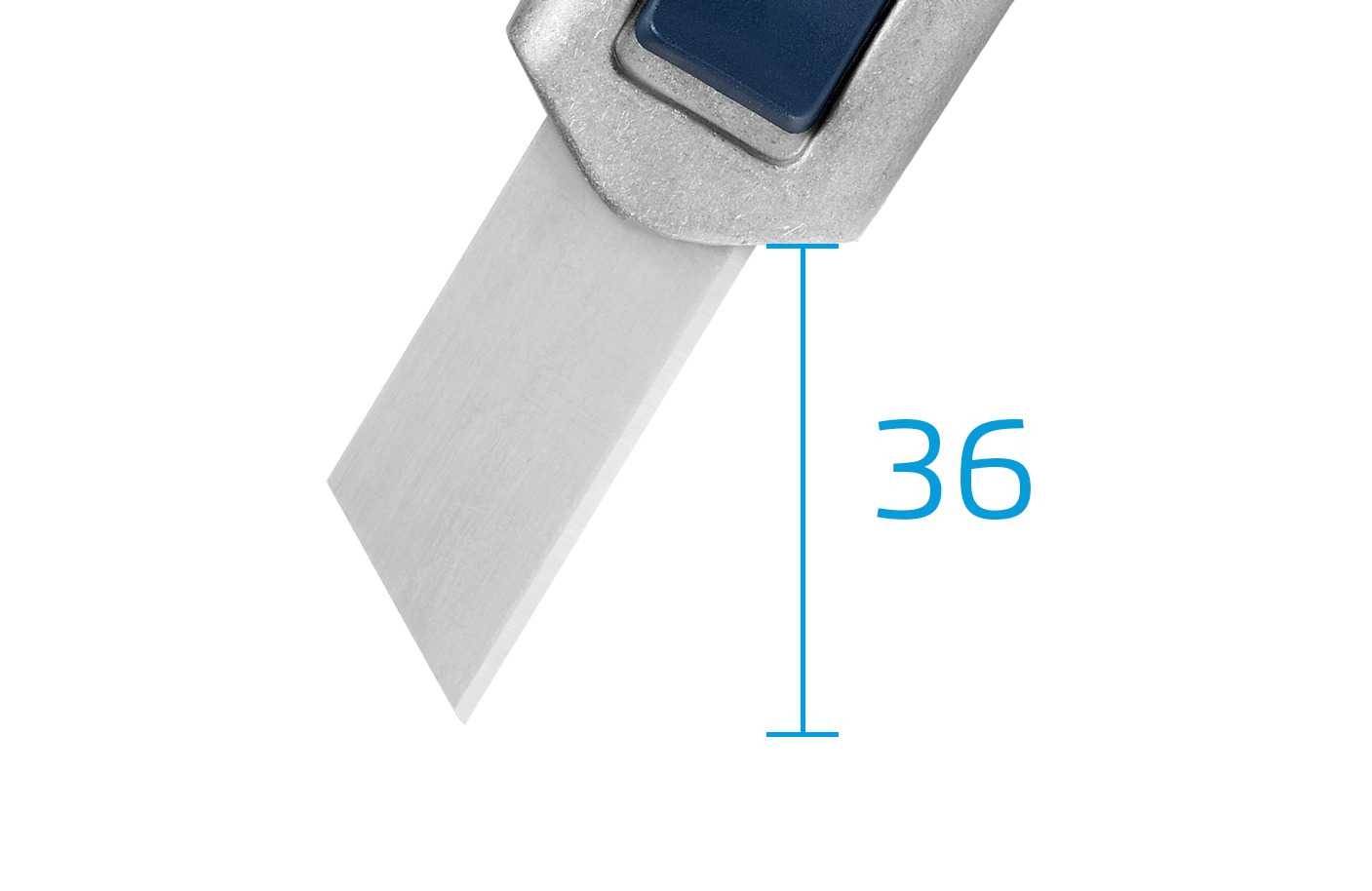 Nóż monterski z wysuwającym się ostrzem, na którym widnieje liczba '36', prawdopodobnie oznaczająca długość ostrza w milimetrach.