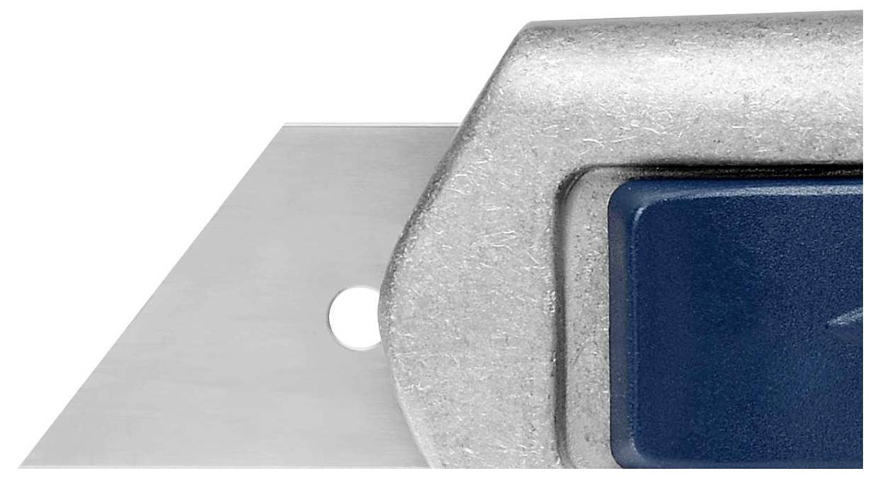 Róg noża monterskiego z niebieskim uchwytem i srebrnym ostrzem.