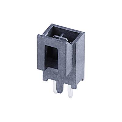 Czarny elektryczny wtyk z dwoma metalowymi stykami do montażu na płytce drukowanej.