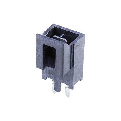 Czarny plastikowy wtyk z dwoma pionowo rozmieszczonymi metalowymi stykami, który służy do połączeń elektrycznych w urządzeniach elektronicznych.