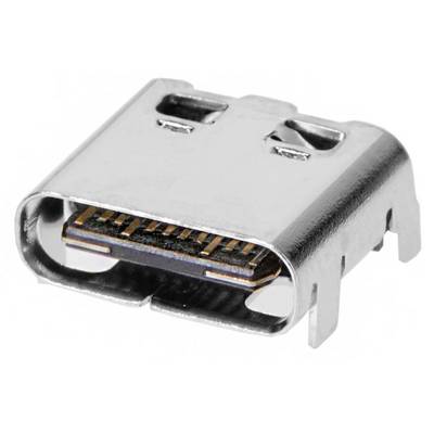 Złącze USB-C, w kolorze srebrnym, ukazujące metalowe styki i prostokątny kształt.