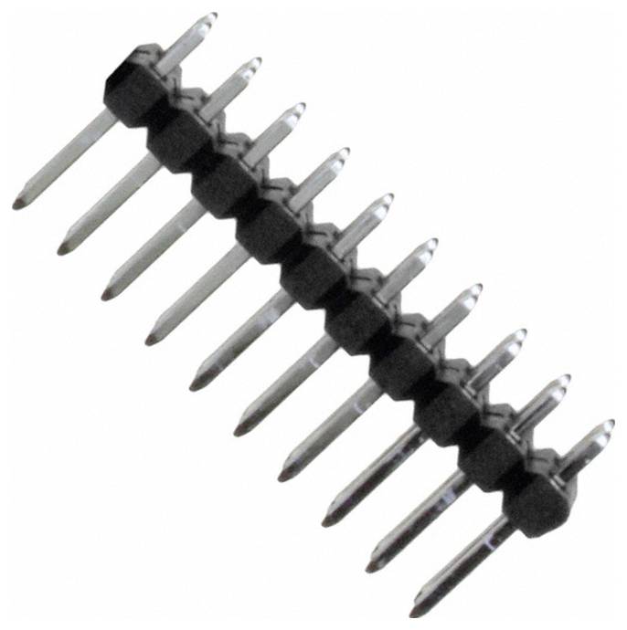 Rząd metalowych szpilek ustawionych równolegle, zamontowanych na czarnej plastikowej podstawie, prawdopodobnie używanych do połączeń elektronicznych lub płytek obwodów.