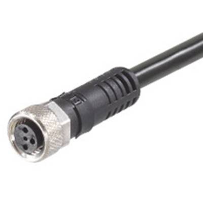 Czarno-srebrny, okrągły kabel wtykowy z czterema stykami, często stosowany w zastosowaniach przemysłowych lub elektronicznych.