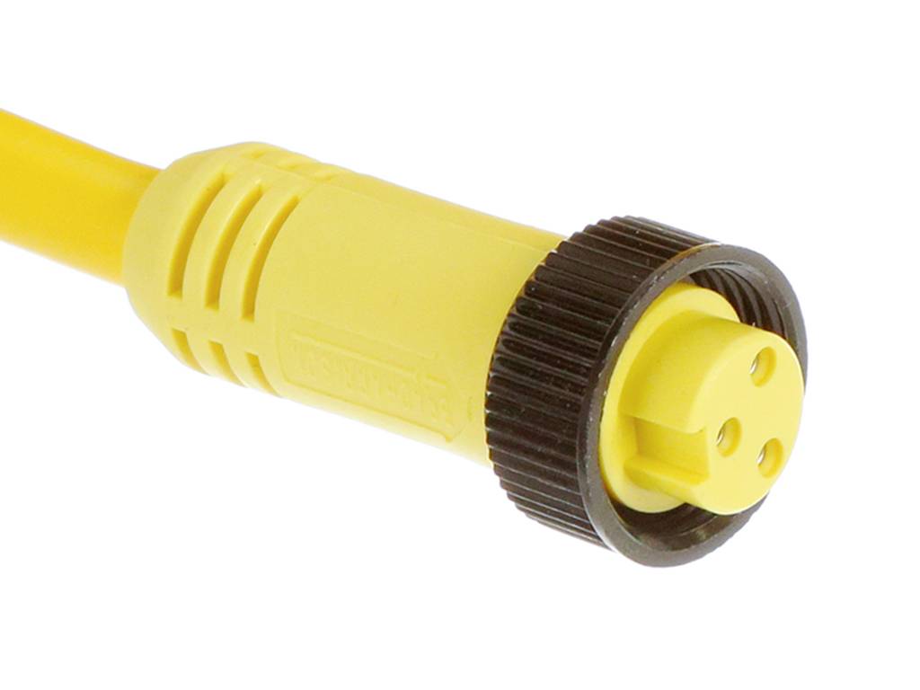 Żółty kabel złącza M12 z trzema stykami, odpowiedni do połączeń przemysłowych i czujników.