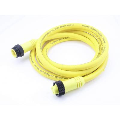 Żółty, elastyczny kabel elektroniczny z czarnymi złączami na obu końcach, zwinięty na białym tle.
