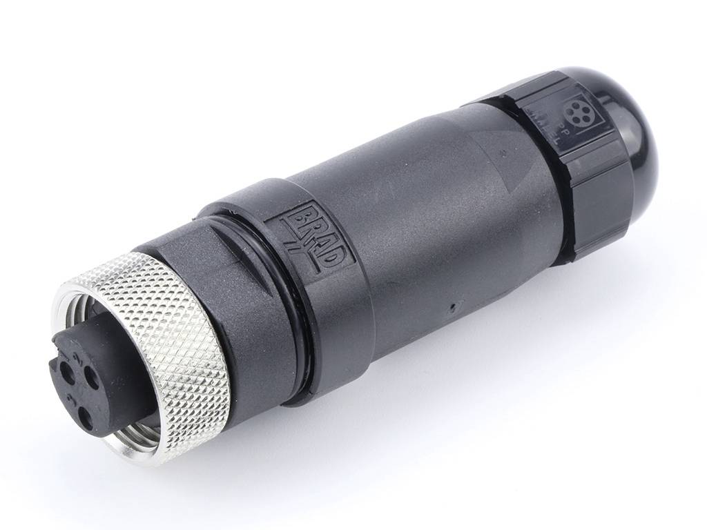 Czarny, cylindryczny wtyk z czterema stykami i ryflowaną metalową częścią do mocowania.