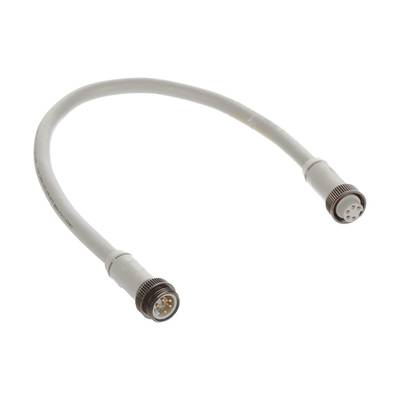Szary kabel z dwoma okrągłymi złączami na końcach, odpowiedni do połączeń elektrycznych lub elektronicznych.