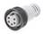 Okrągła, szara wtyczka z czterema stykami, otoczona czarnym żebrowanym pierścieniem. Stosowana do połączeń elektrycznych.