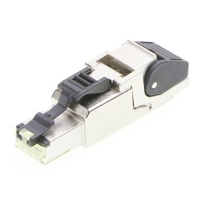 Ekranowany wtyk RJ45 z metalową obudową i plastikowym zaciskiem. Odpowiedni do instalacji kabli sieciowych.