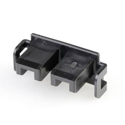 Czarna plastikowa część z dwoma prostokątnymi wycięciami i hakami po bokach, prawdopodobnie element mocujący lub łączący.