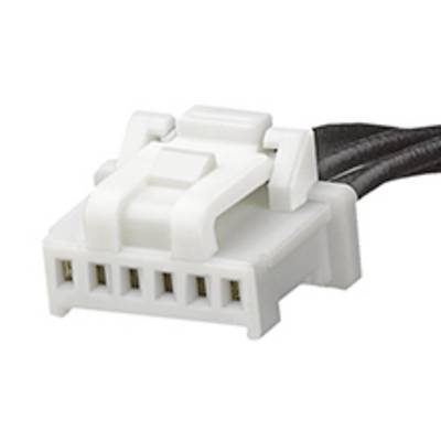 Biały elektroniczny złącz wtykowy z wieloma pinami, podłączony do czarnego przewodu, na neutralnym tle.