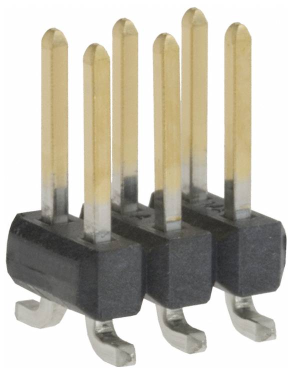 Trzy pozłacane zaglowice z czarnymi plastikowymi podstawami, ukośnymi metalowymi nogami, stosowane do połączeń elektronicznych na płytkach obwodów drukowanych.