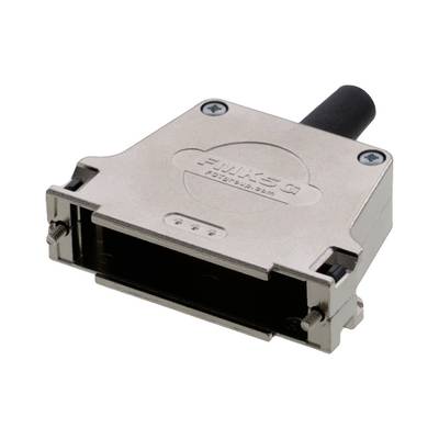 Prostokątna metalowa wtyczka z czarnym przewodem podłączonym z boku. Posiada cztery widoczne wejścia na przedniej stronie.