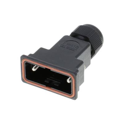 Czarny elektryczny złącz prostokątny z pomarańczowym uszczelnieniem, prawdopodobnie przeznaczony do użycia w maszynach.